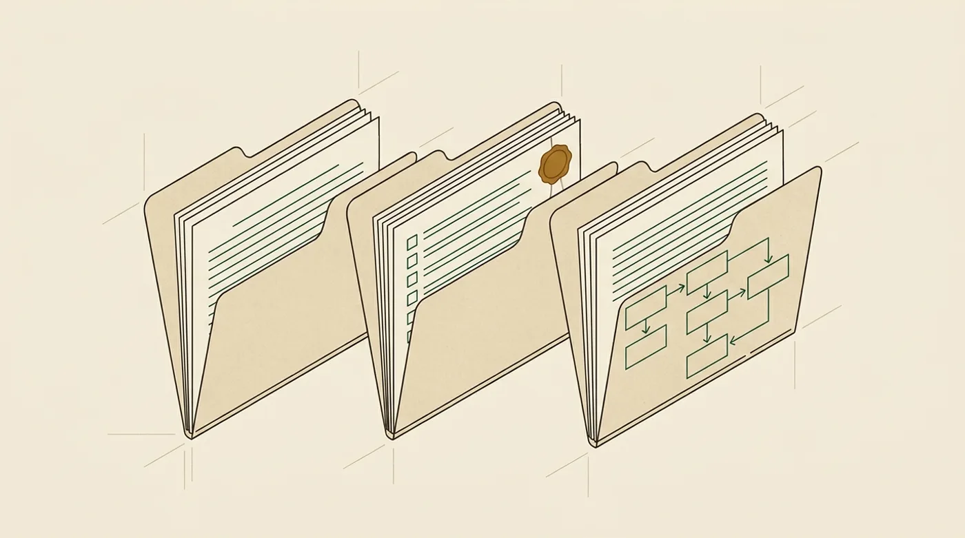 Illustration of three manila folders holding a ruled policy document, a checklist, and a flowchart