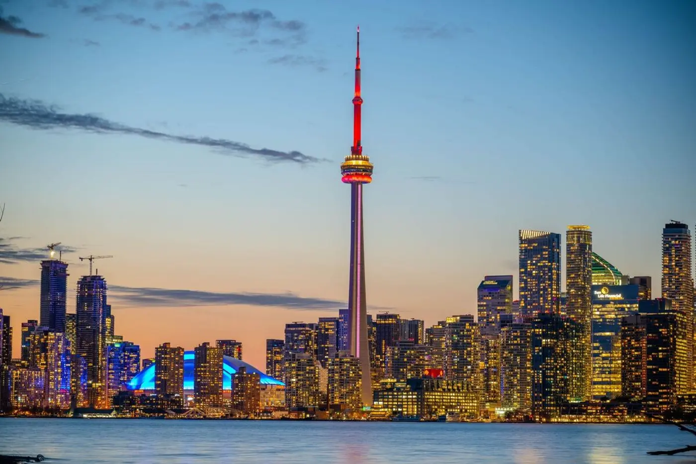 The Toronto skyline and CN Tower at dusk